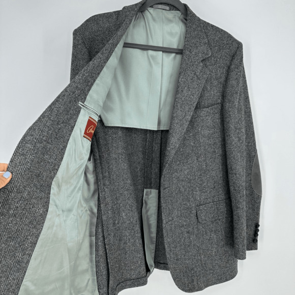 Vintage Wool Mens 44L Sport Coat Tweed Herringbone Jacket Two Button Elbow Patch - Picture 12 of 13